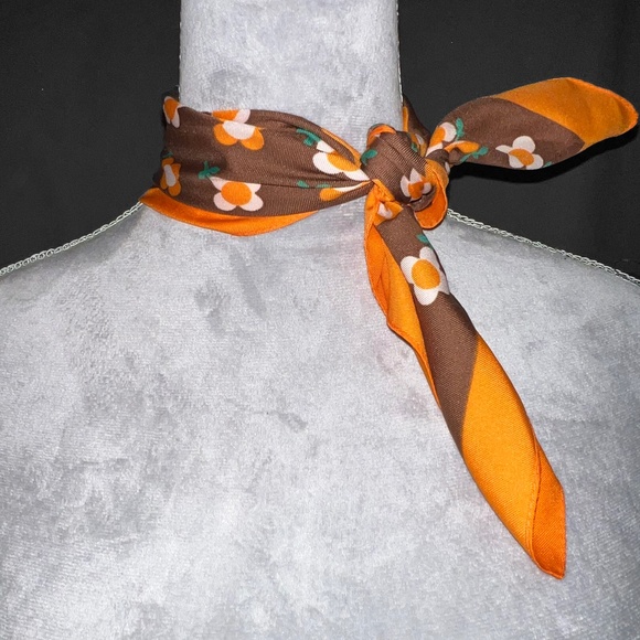 Vintage 70s Orange Floral Square Scarf - Picture 1 of 8